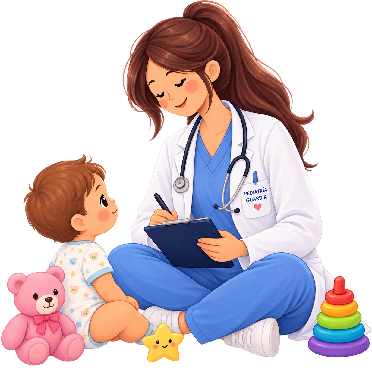 Ilustración de guardia pediátrica con médica y niño.